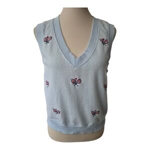 t.la Anthropologi Women's Light Blue Knit Sweater Vest Embroidered Pink Tennis M
